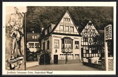 AK Brodenbach /Mosel, Gasthaus Schwarzer Ritter J. Gasser, Ritter mit Burg