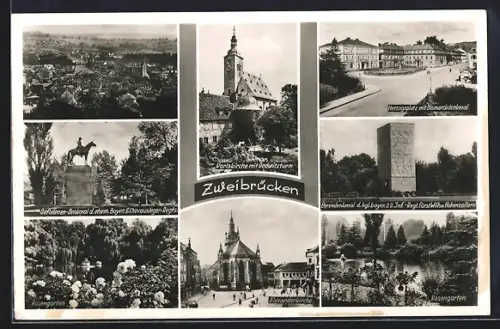 AK Zweibrücken, Karlskirche mit Redwitzturm, Herzogsplatz mit Bismarckdenkmal