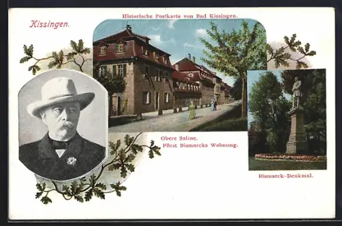 AK Kissingen, Obere Saline, Fürst Bismarcks Wohnung, Bismarck Denkmal