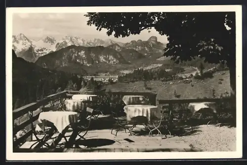 AK Bad Reichenhall, Gasthaus Meleck, Terrasse mit Blick gegen Unker u. Loferer Steinberge