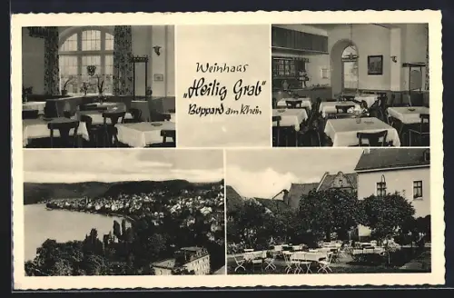 AK Boppard a. Rh., Gaststätte Weinhaus Heilig Grab J. Mallmann mit Innerem u. Garten, Ortsansicht mit Rhein