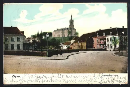 AK Cleve, Schwanenturm, Ansicht von einer Strassenkreuzung