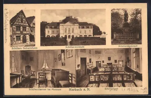 AK Marbach / Neckar, Schillers Geburtshaus, Schillermuseum, Schillerdenkmal