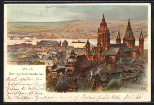 Lithographie Mainz, Teilansicht mit Fernblick vom Stephansturm aus