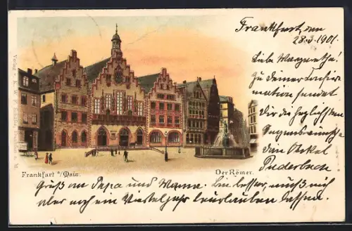 Lithographie Alt-Frankfurt, Römer mit Brunnen