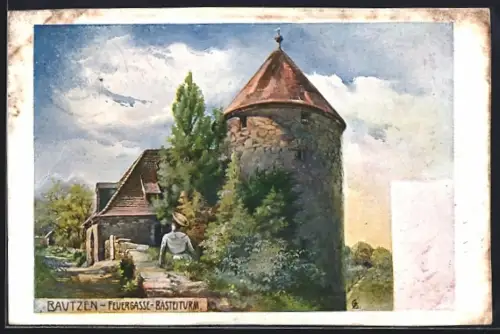 Künstler-AK Bautzen, Feuergasse mit dem Basteiturm