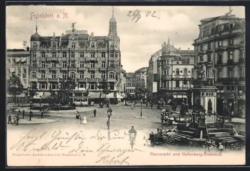 AK Frankfurt a. M., Rossamarkt und Gutenberg-Denkmal, Strassenbahn