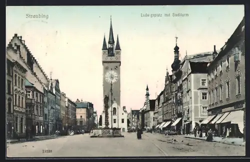 AK Straubing, Ludwigsplatz mit Stadtturrm