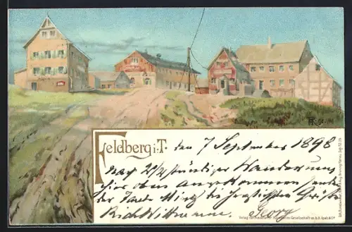 Lithographie Feldberg / Taunus, Gebäudepartie auf dem Gipfel