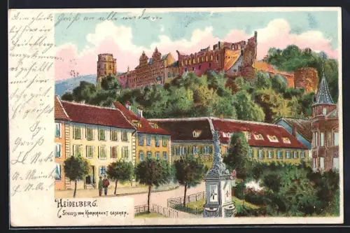 Lithographie Heidelberg, Schloss vom Kornmarkt aus gesehen