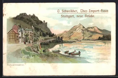 Lithographie Rolandseck, Gebäude am Seeufer
