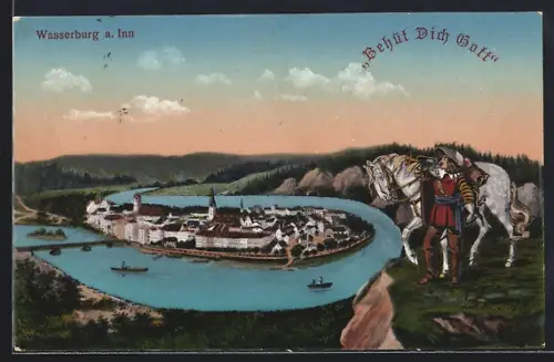 Künstler-AK Wasserburg a. Inn, Gesamtansicht mit Inn, Trompeter mit Pferd, Behüt Dich Gott