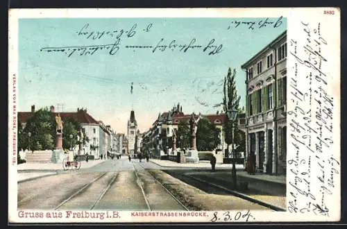 AK Freiburg i. B., Kaiserstrassenbrücke mit Kreuzung und Turm