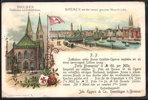 Lithographie Bremen, Rathaus und Domhaustürme, Sicht auf die neue Weserbrücke