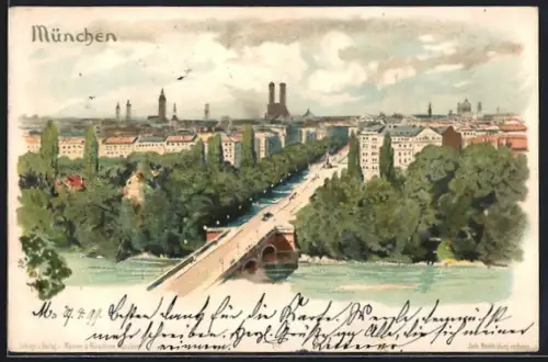 Lithographie München, Stadtansicht aus der Vogelschau mit Maximiliansbrücke