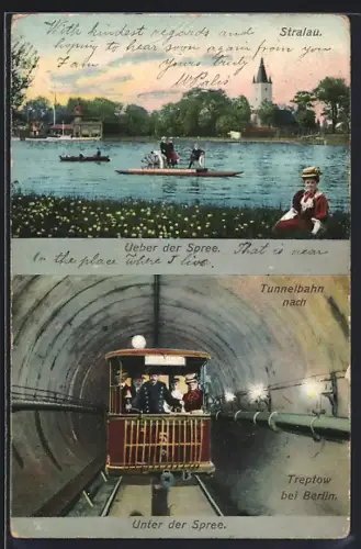 AK Berlin-Treptow, Stralau über der Spree, Tunnelbahn nach Treptow bei Berlin unter der Spree