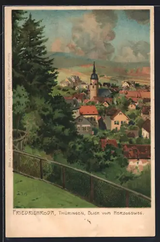 Künstler-Lithographie Friedrichroda i. Thüringen, Ortsansicht vom Herzogweg aus gesehen