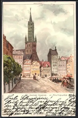 Künstler-AK C.Biese: Hamburg, St. Jacobi Kirche mit Marktständen davor auf dem Platz