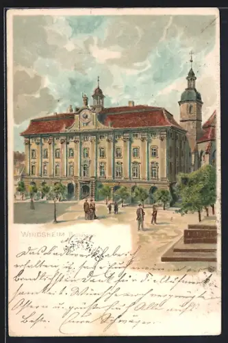 Lithographie Windsheim, Passanten am Rathaus