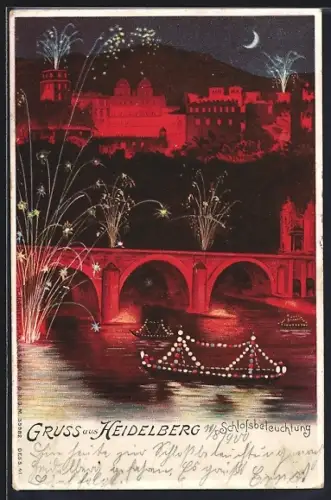 Lithographie Heidelberg, Schlossbeleuchtung mit Feuerwerk