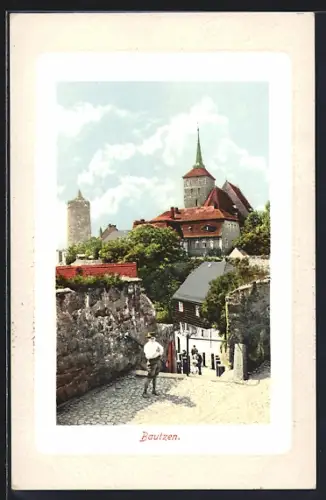 AK Bautzen, Blick über die Altstadt mit alten Wasserturm