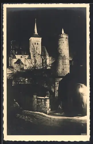 AK Bautzen, Alte Wasserkunst und Michaeliskirche im Flutlicht
