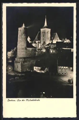 AK Bautzen, An der Michaeliskirche bei Nacht