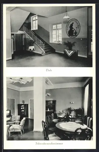 AK Bad Ems, Diakonissenhaus Friedenswarte, Innenansichten Diele und Schwesternwohnzimmer