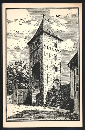 Künstler-AK Bacharach / Rhein, Blick auf den Münzturm