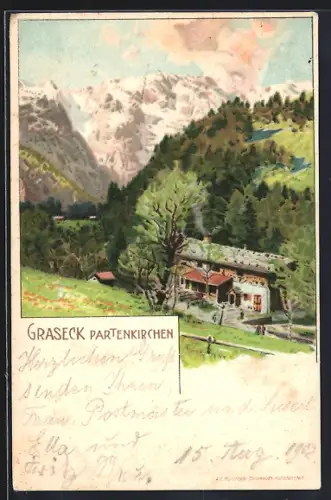 Lithographie Graseck, Partenkirchen, Ortspartie mit Bergen