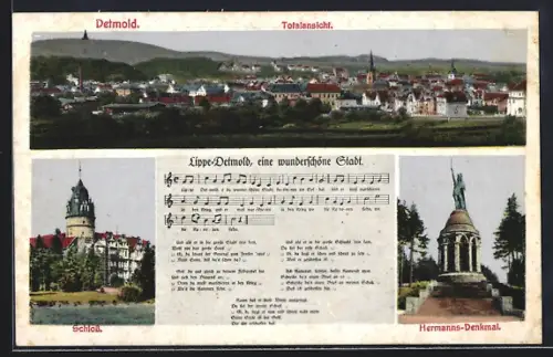 AK Detmold, Totalansicht, Schloss, Hermanns-Denkmal und Lied Lippe-Detmold...