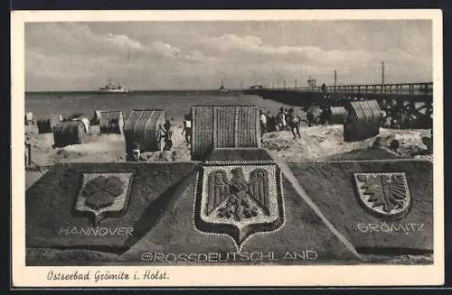 AK Grömitz i. Holst., Ostseebad, Strand mit Wappen Grossdeutschland, Hannover, Grömitz