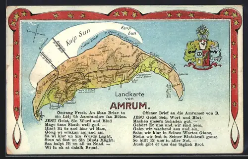 Lithographie Amrum, Landkarte der Insel, Wappen und Gedicht