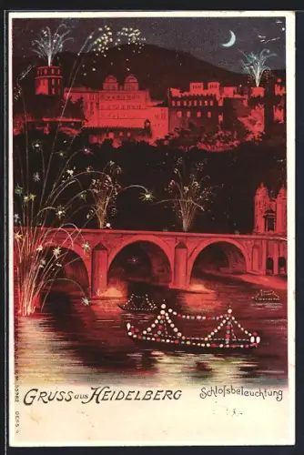 Lithographie Heidelberg, Schlossbeleuchtung mit Feuerwerk