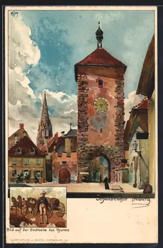 Künstler-Lithographie Heinrich Kley: Freiburg, Partie am Schwabentor, Bild auf der Stadtseite des Turms