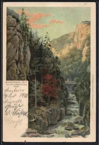 Künstler-AK Bodetal, Bodenkessel, Teufelsbrücke, Gebirgslandschaft