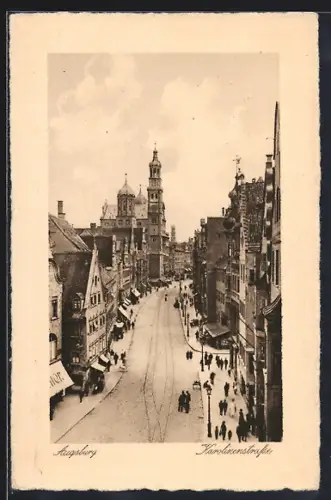 AK Augsburg, Karolinenstrasse mit Kirchtum und Geschäften