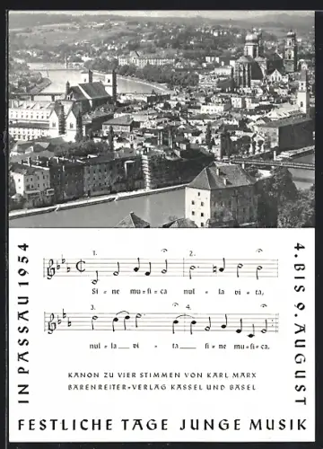 AK Passau, Festliche Tage Junge Musik 1954, Teilansicht mit Kirche