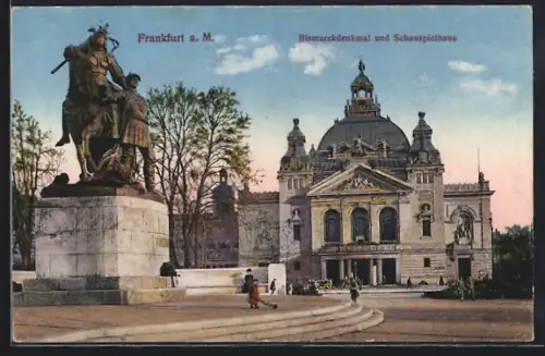 AK Frankfurt a. M., Bismarckdenkmal und Schauspielhaus