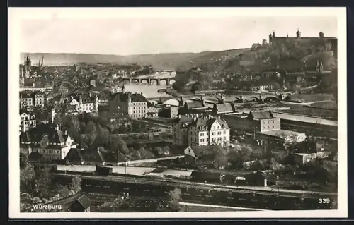 AK Würzburg, Panorama mit Main & Eisenbahn-Anlagen