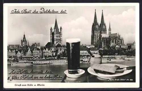 AK Köln a. Rhein, Glas Kölsch & Halve Hahn mit Altstadtpanorama