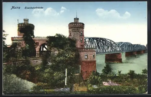 AK Mainz, Blick auf die Eisenbahnbrücke