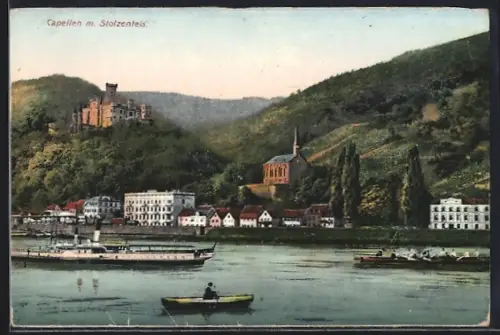 AK Koblenz, Blick auf Capellen, Schloss Stolzenfels und Rheindampfer