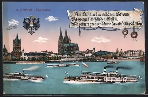AK Köln, Altstadtpanorama mit Ausflugsdampfern
