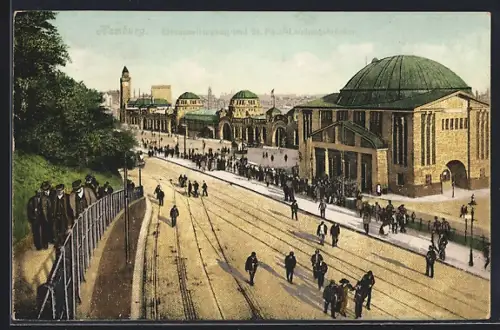 AK Hamburg-St. Pauli, Elbtunneleingang und St. Pauli-Landungsbrücken