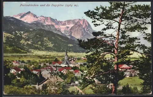 AK Partenkirchen, Ortsansicht mit Zugspitze