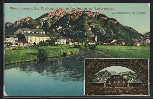 AK Oberammergau, Passionsspiele 1910, das Passionstheater an der Ammer mit Labergebirge