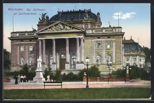 AK Wiesbaden, Kgl. Hoftheater mit Schillerdenkmal