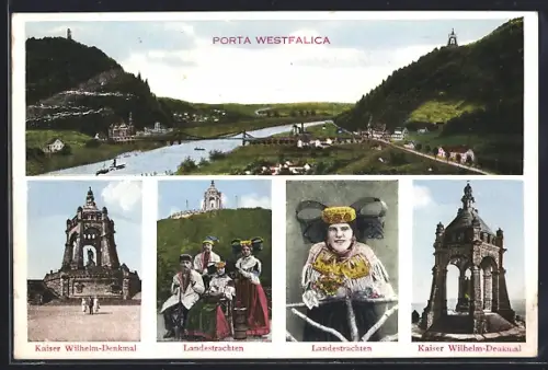 AK Porta Westfalica, Kaiser Wilhelm-Denkmal, Landestrachten