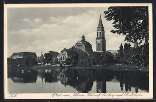 AK Kiel, Blick vom Kleinen Kiel auf Rathaus und Stadttheater